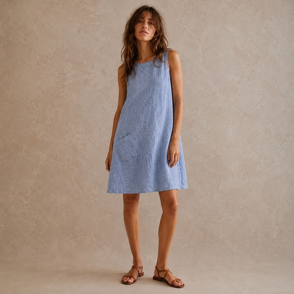FLAX Linen Shift Dress Asymmetric Pocket Chambray Blue Sz S